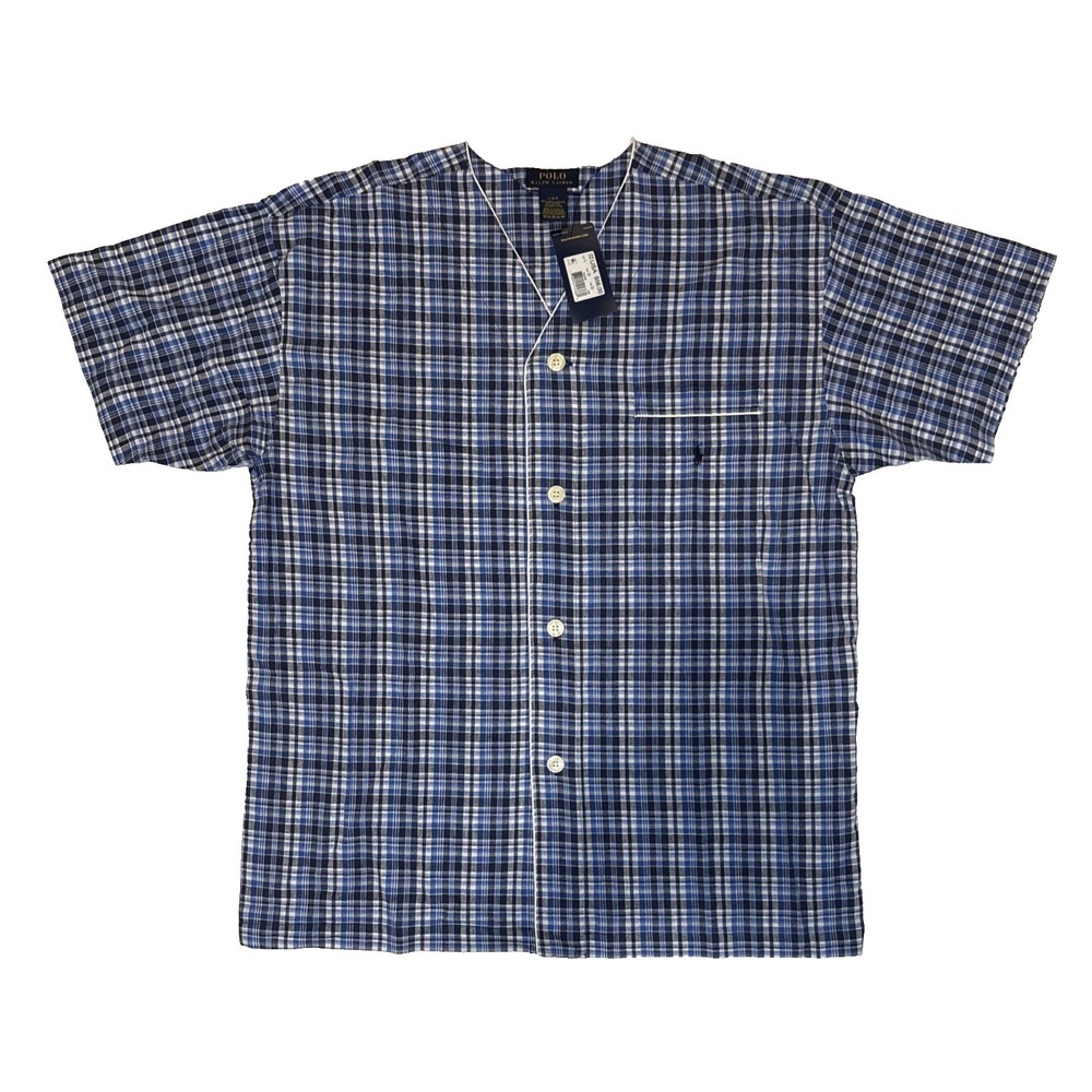 Polo Ralph Lauren Sleepwear Button Up Short Sleeve Blue Plaid Shirt Men's Large